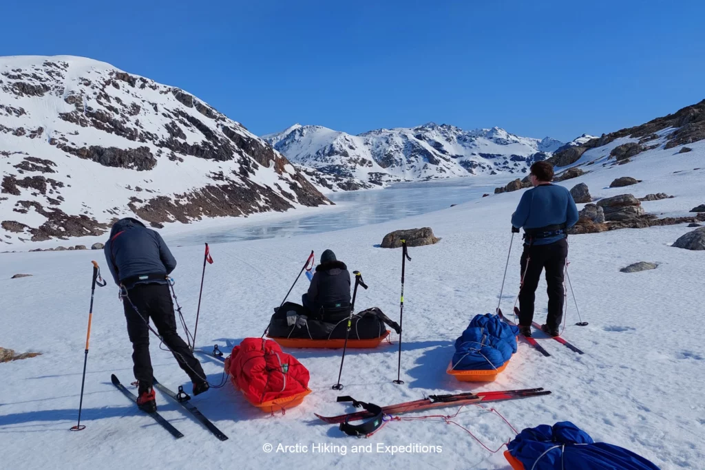 Nordic Ski Touring in East Greenland close to Kulusuk. Enjoying the view from Apusiiajik Island.
