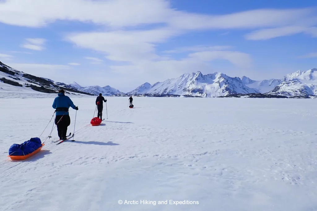Nordic Ski Touring in East Greenland close to Kulusuk. Skiing on the ocean ice.
